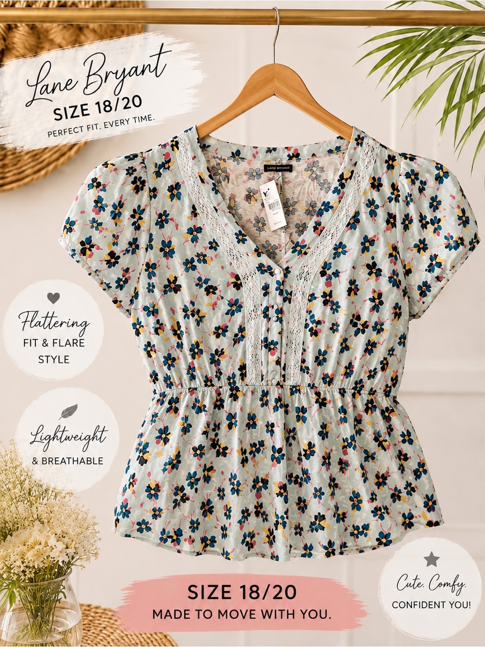 Lane Bryant Fit & Flare Floral Short Sleeve Blouse Size (18/20) New